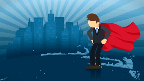 superhero standing on city background. near a cloud of dust. business symbol. leadership and achievement concept. comic loop animation.