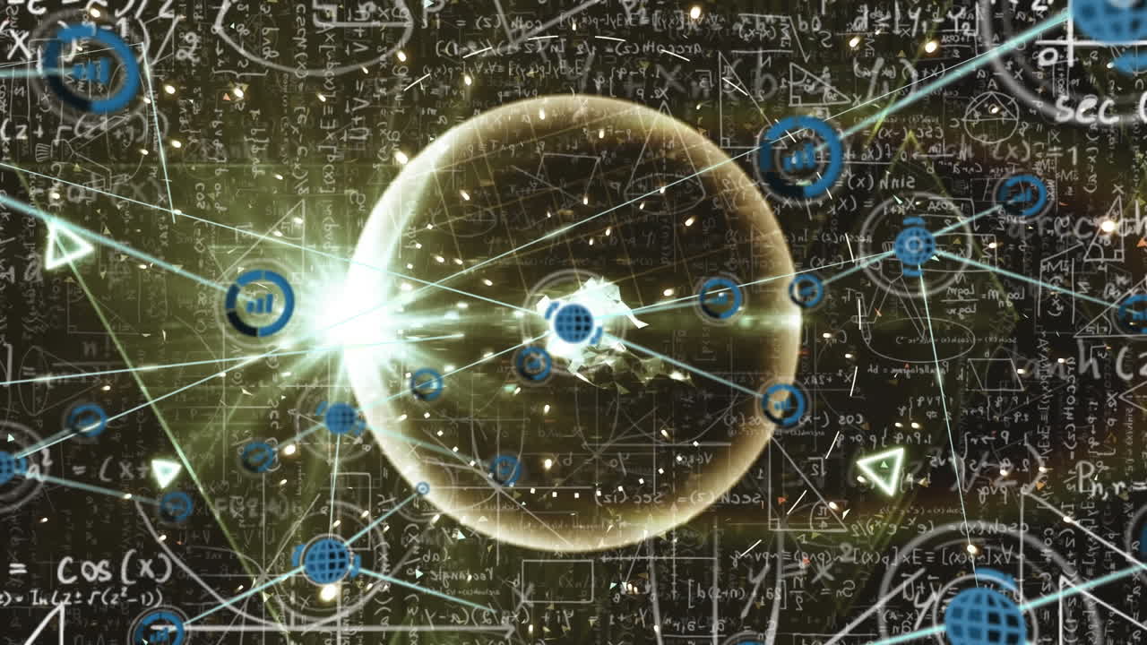 animación de la red de conexiones con iconos sobre ecuaciones matemáticas