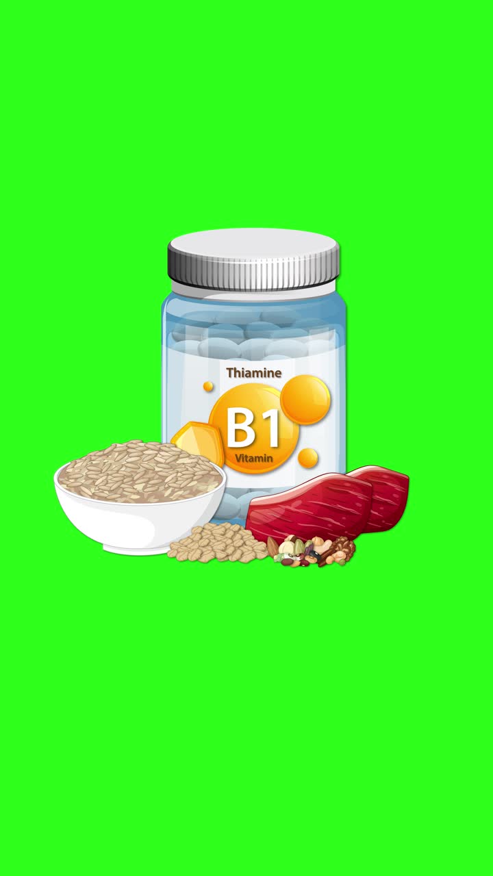 Vitamin B1 supplement bottle with rice, meat, grains appears and settles on bright green background