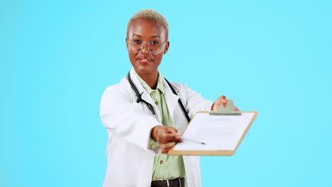 Black-woman,-doctor-and-clipboard-with-document