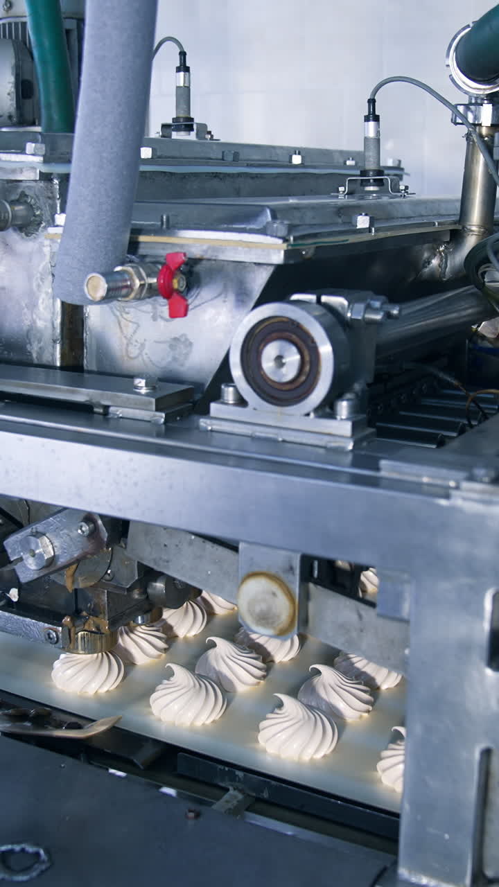 Automatic machine with complicated mechanism working and producing marshmallows. Equipment at modern food factory. Vertical video