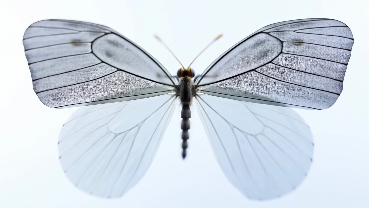 Una farfalla che riposa tranquillamente su uno sfondo neutro con ali trasparenti e un corpo bianco, mostrando la sua bellezza naturale e la sua presenza serena nella natura e nella fauna selvatica. Questa scena è ideale