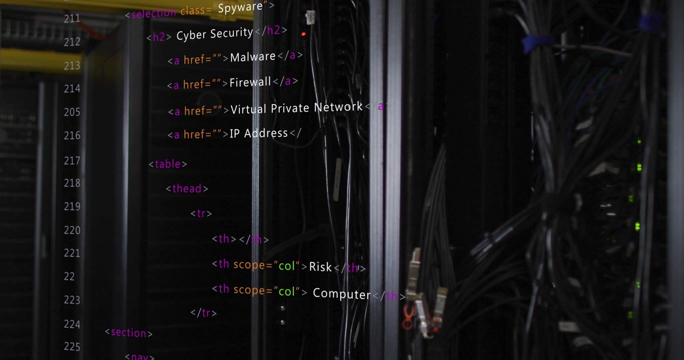 Camera panning over server rack while overlay updating security menu and network cables resting