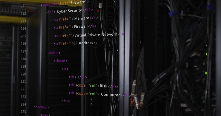 Camera panning over server rack while overlay updating security menu and network cables resting