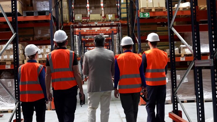 trabajadores del almacén inspeccionando el inventario