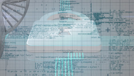 Animation-of-spinning-dna-strand-over-grid-and-padlock