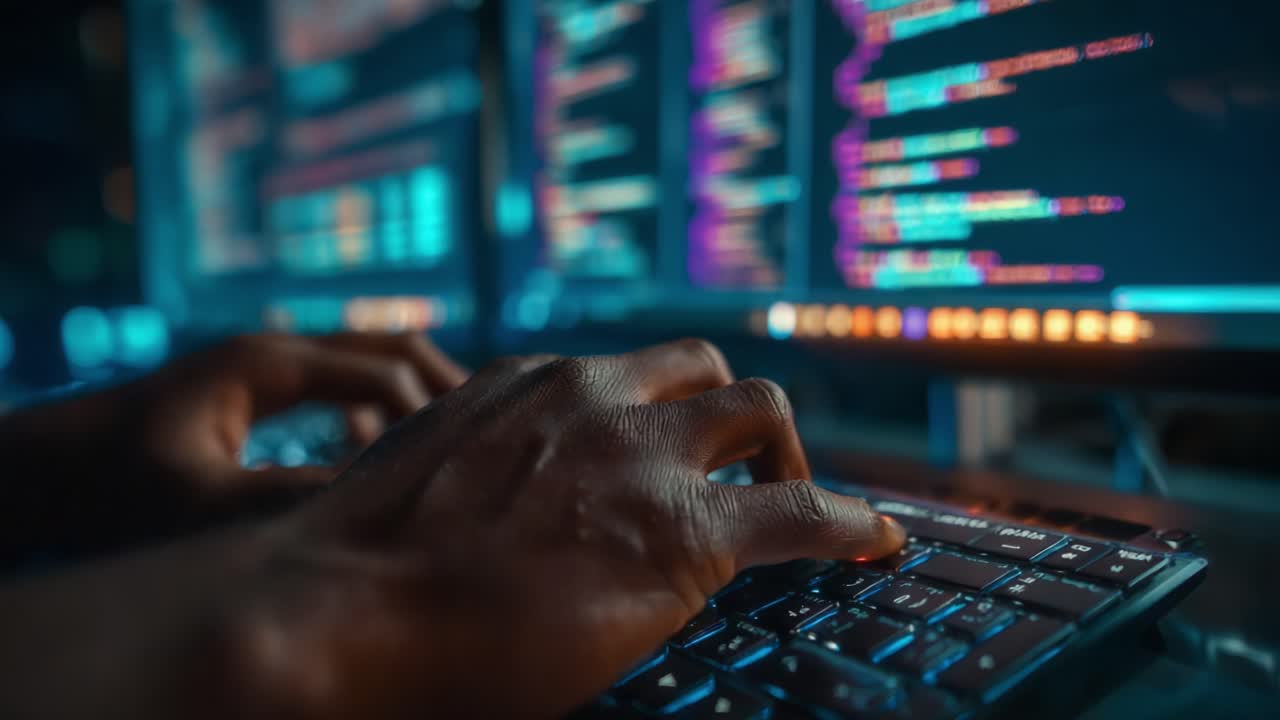 Focused programmer typing on a backlit keyboard in a darkened workspace, surrounded by glowing monitors displaying lines of colorful code and programming concepts, showcasing expertise in software development