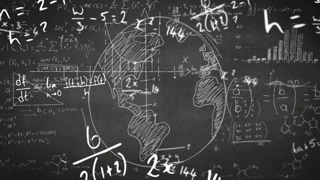 símbolos matemáticos animados y fórmulas flotan sobre ecuaciones en una pizarra.