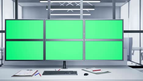 camera slide near multiple monitors with chroma key.