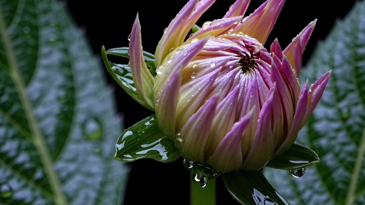 Time-lapse di un bocciolo di dalia rosa che si apre