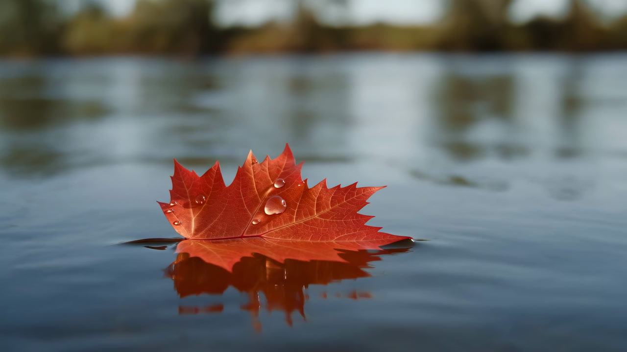 Red Maple Leaf Floating On Water, Closeup With Droplets On Leaf, Calm Lake Reflections, Blurred Treeline