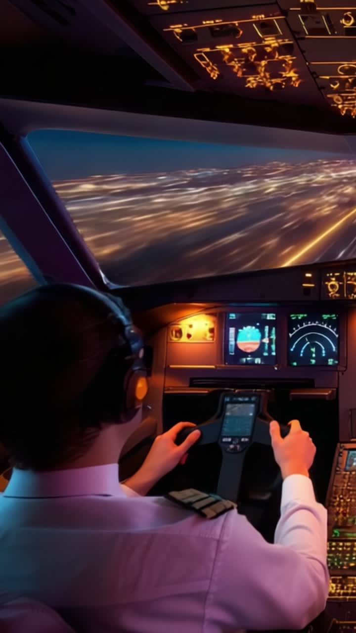 Viaggio aereo: Una vista interna della cabina di pilotaggio di un pilota durante un atterraggio notturno con le luci della città sottostanti che evidenziano la moderna tecnologia aeronautica e i pannelli di controllo