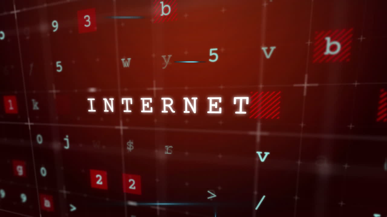Internet text animation over red background with scattered letters and numbers