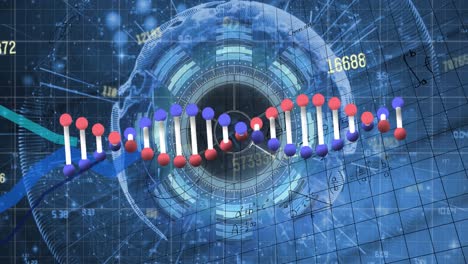 Animation-of-digital-screen-with-data,-dna-and-numbers-on-blue-background