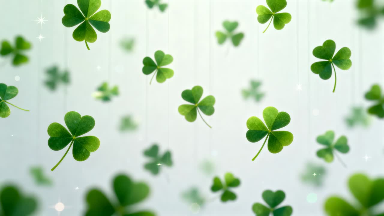 Drifting clover leaves rotating as frames progressing over pale backdrop, creating calm decor