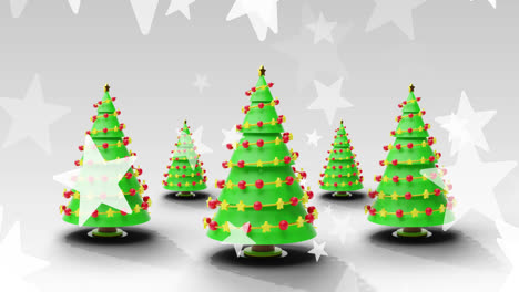 animación de estrellas sobre árboles de navidad en fondo blanco