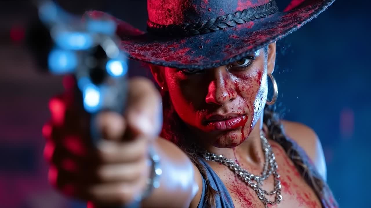 una mujer con un sombrero de vaquero sosteniendo un arma