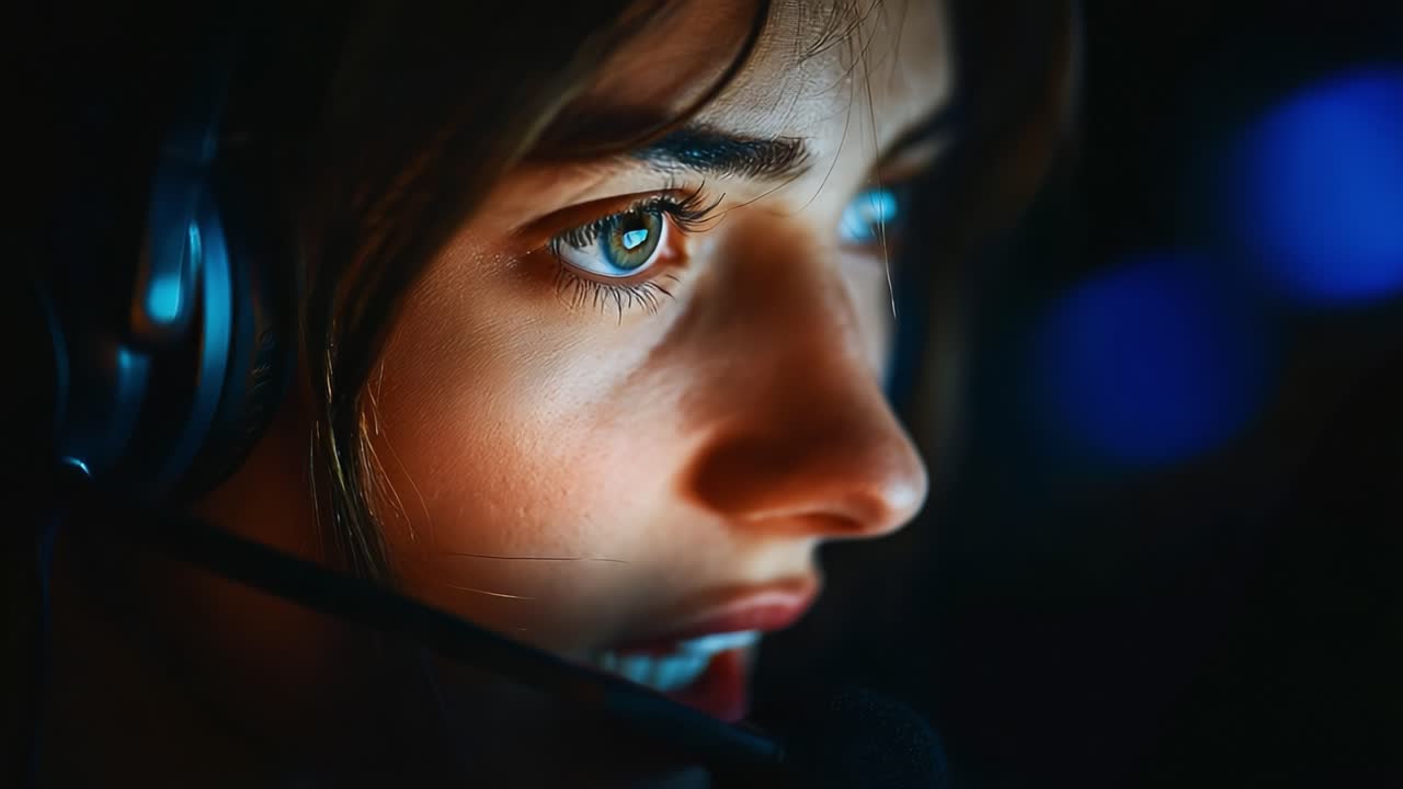 Focused Gamer Intently Engaged During a Competitive Match, Highlighting the Intensity and Skill of the Player's Experience in E-Sports Arena Setting