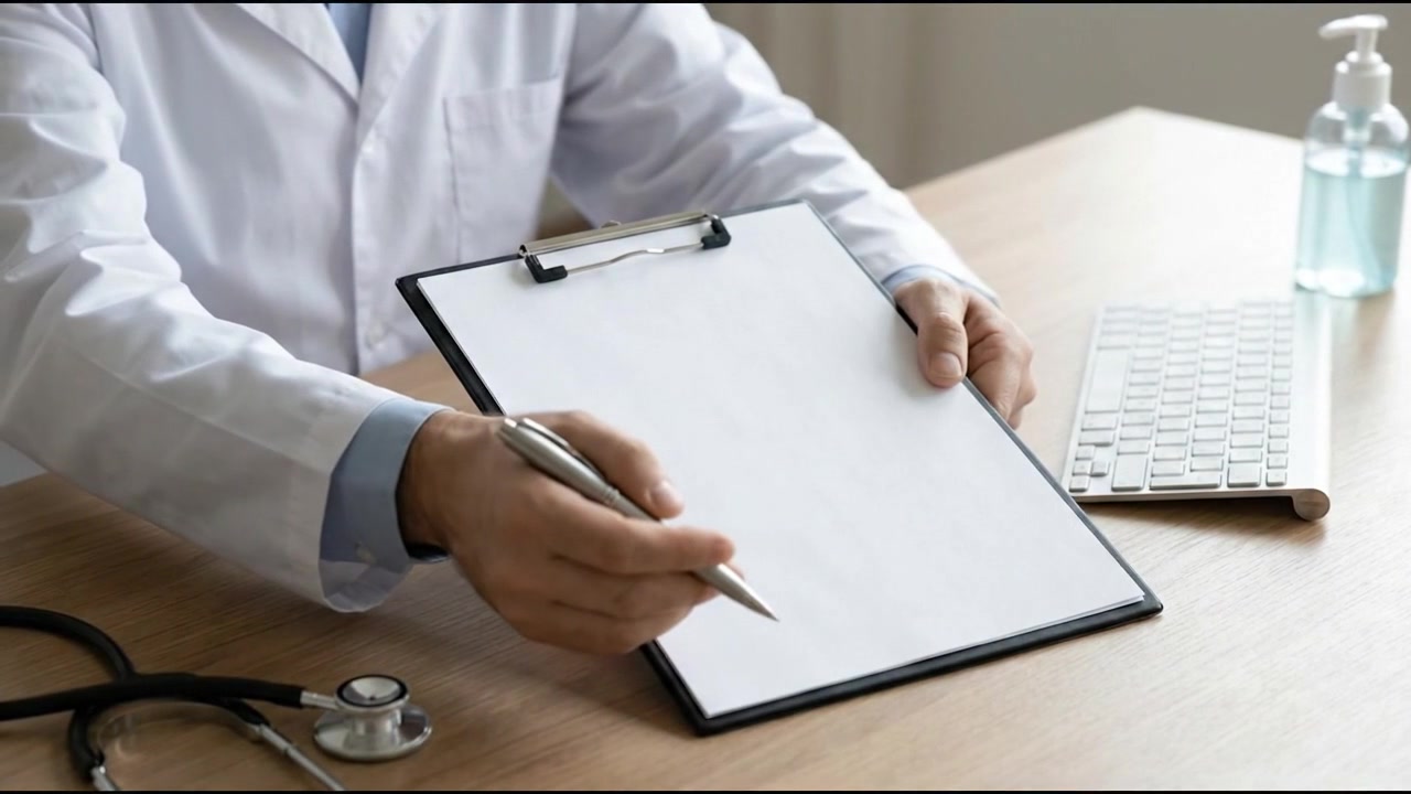 Doctor writing medical prescription on paper clipboard at desk, horizontal 16:9 video