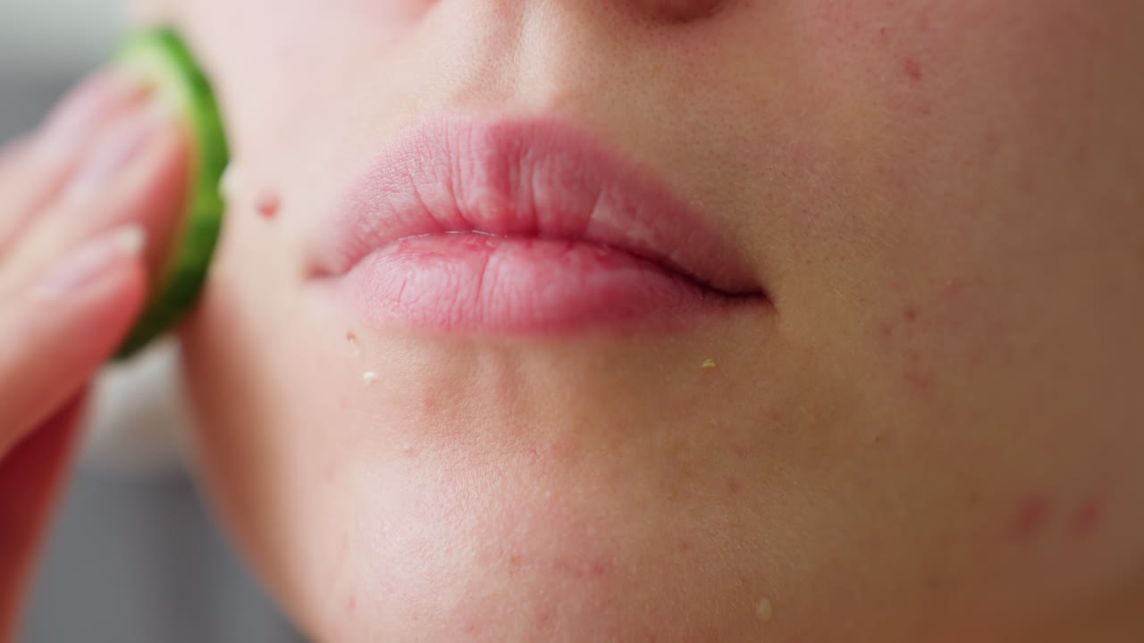 Close-up of woman with pink lips massaging her face with fresh cucumber slice, gentle skincare routine to refresh and hydrate skin. Natural beauty and relaxation captured in detail