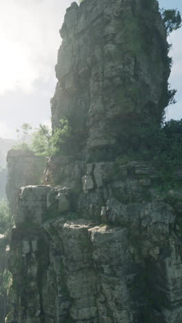 a tall, steep rock cliff in a jungle setting