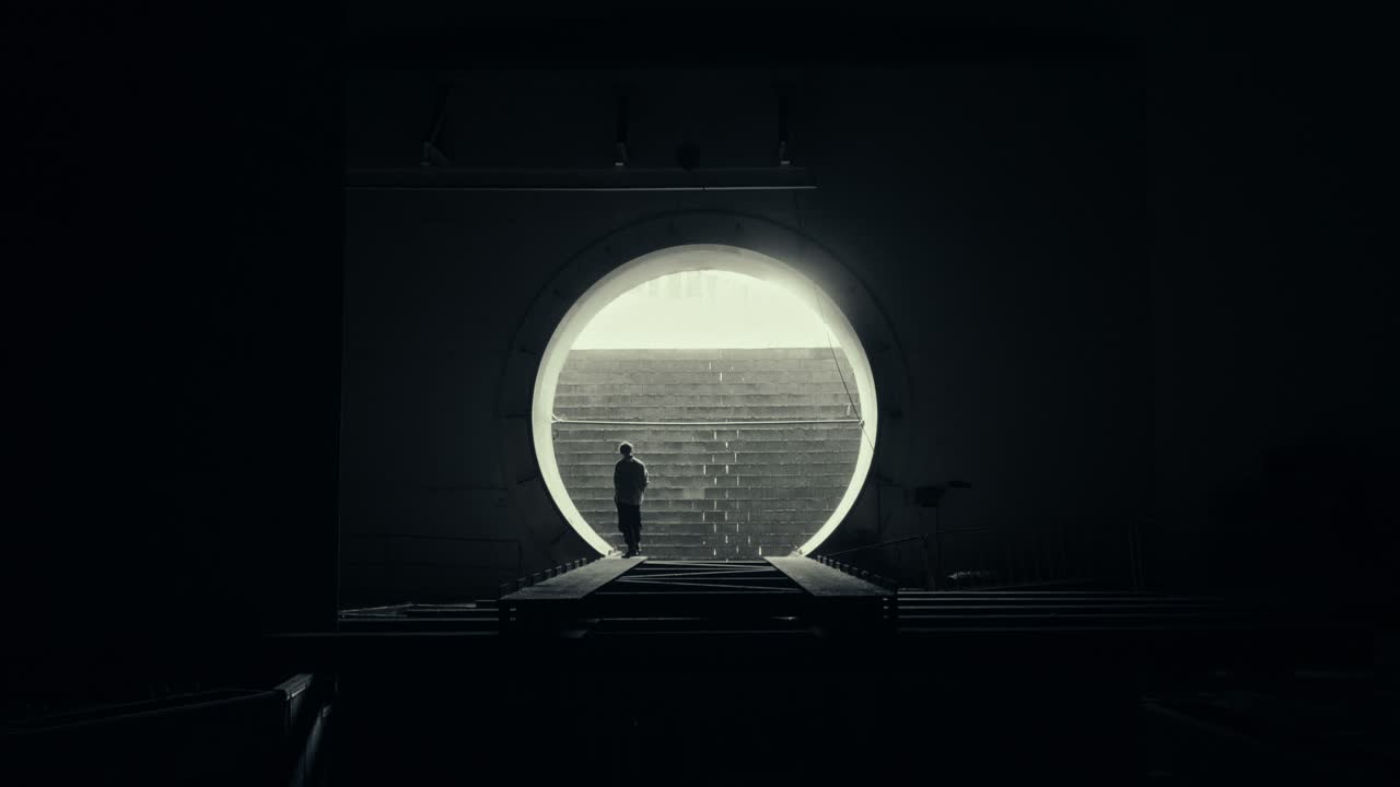Silhouette of Person Moving Through a Bright Circular Opening