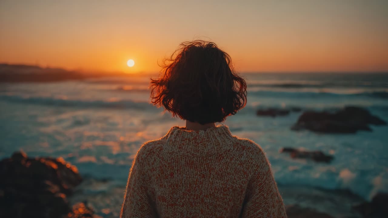 A Serene Sunset Moment: Capturing the Tranquility as Waves Gently Approach the Shore While the Sun Sets on the Horizon, Creating a Peaceful Atmosphere