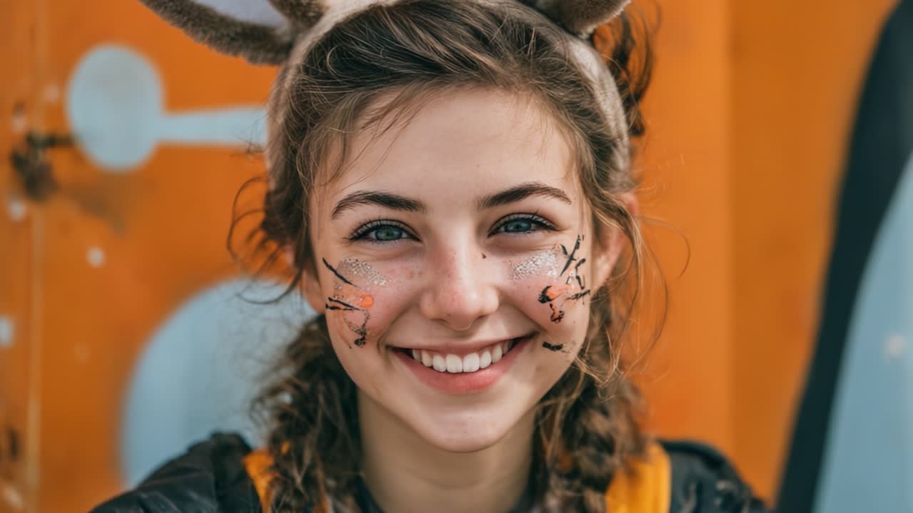 Una celebración alegre: una niña con pintura facial juguetona y orejas de conejo irradiando felicidad en un entorno colorido durante una ocasión festiva.