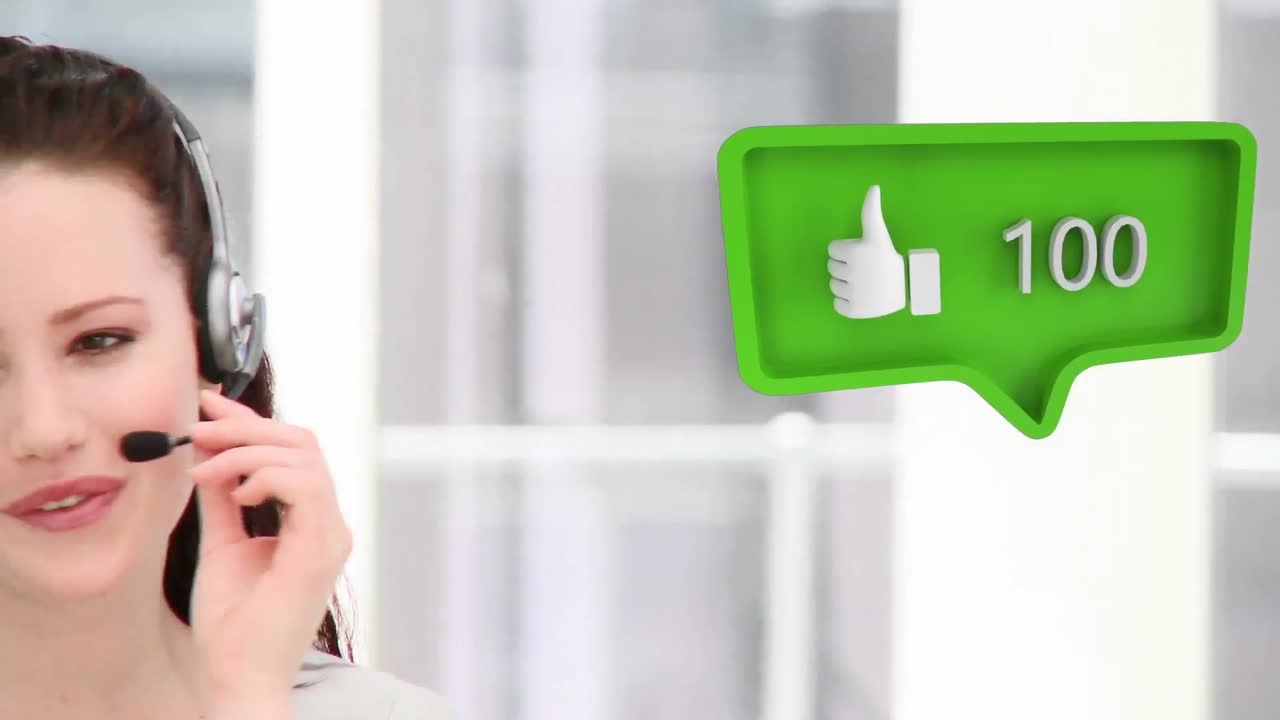 animación de iconos digitales sobre mujer de negocios usando auriculares de teléfono