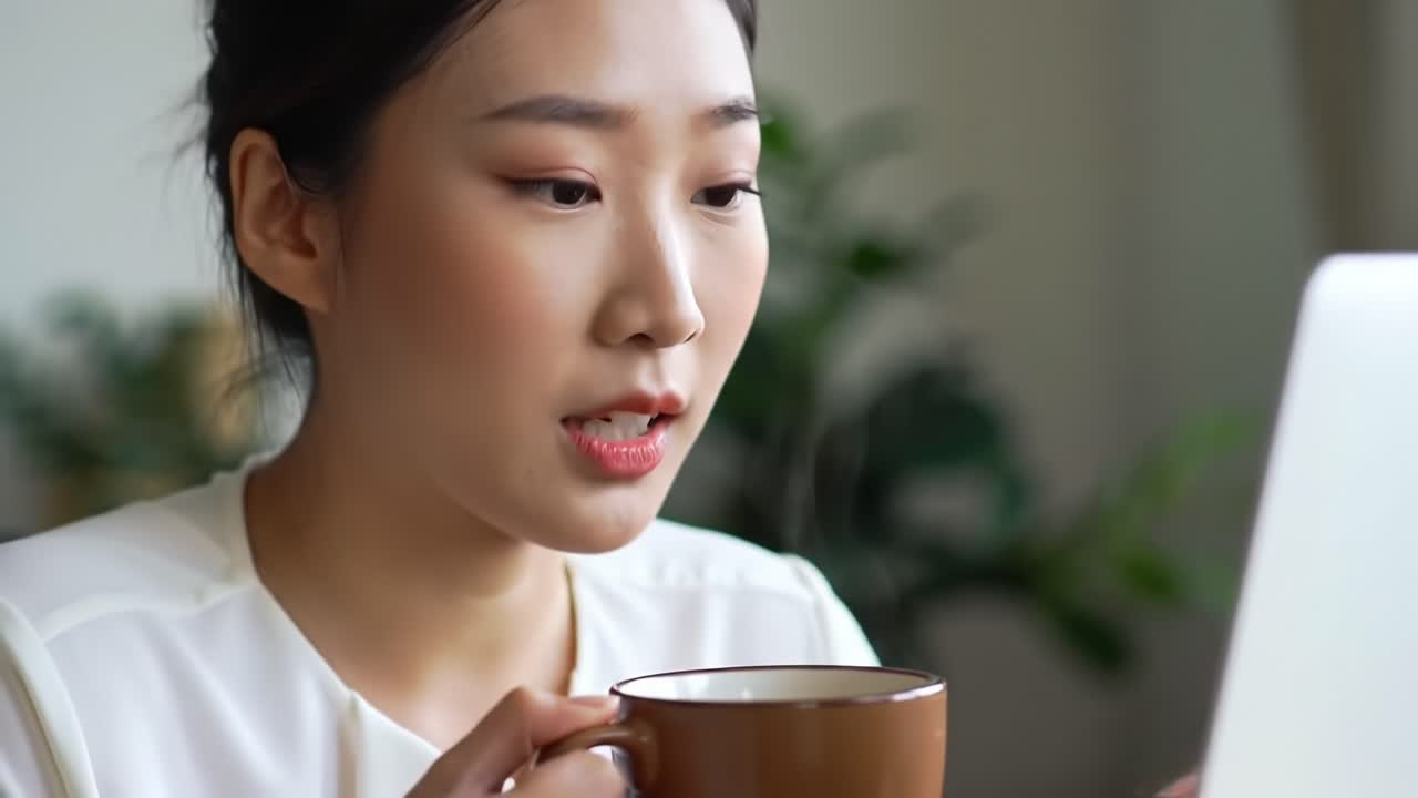 Engaged Woman Sipping Coffee While Working on Laptop in a Cozy Environment, Reflecting Focus and Concentration on Her Tasks