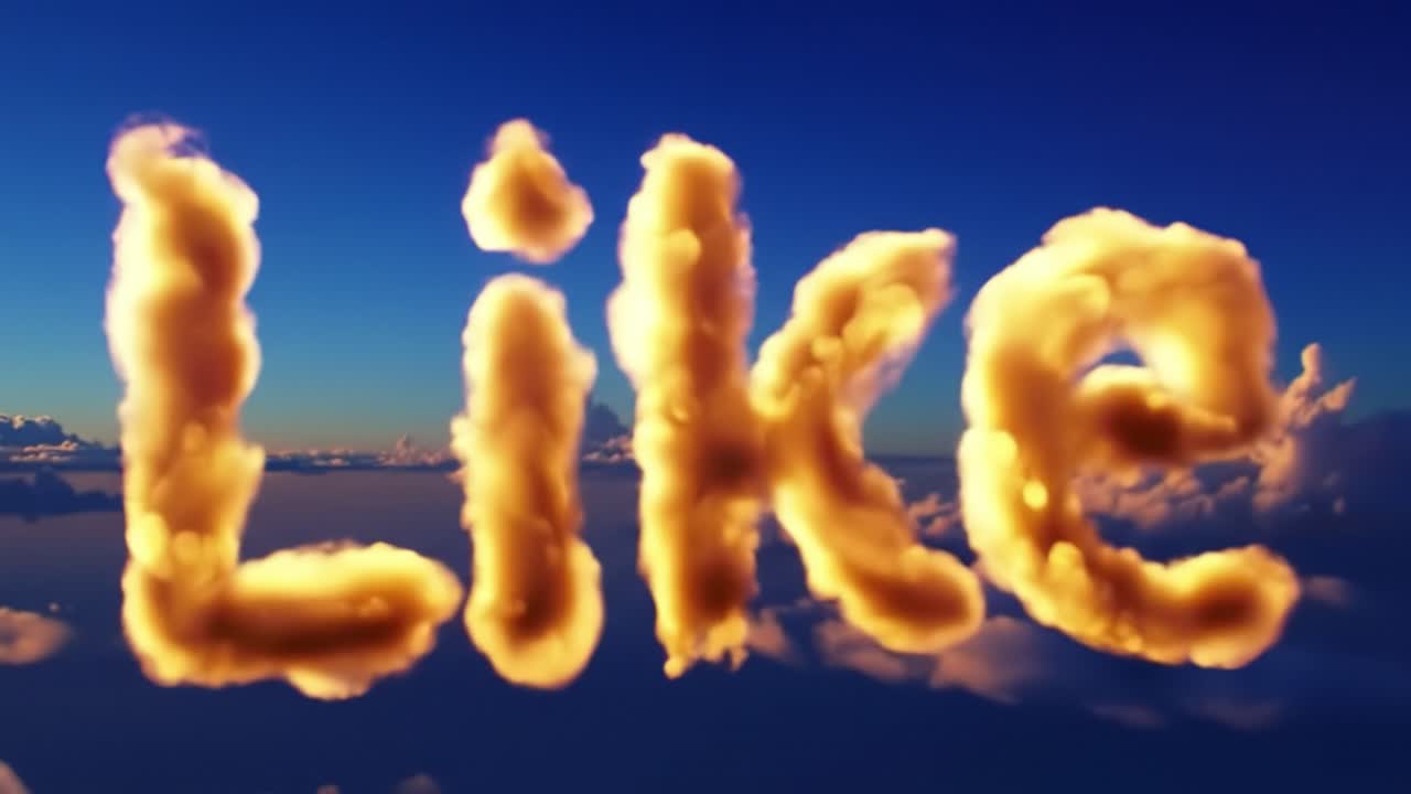 Fluffy clouds shaped like the word 'Like' float in a vibrant blue sky, creating a cheerful and imaginative atmosphere. This playful formation inspires positivity and good vibes.
