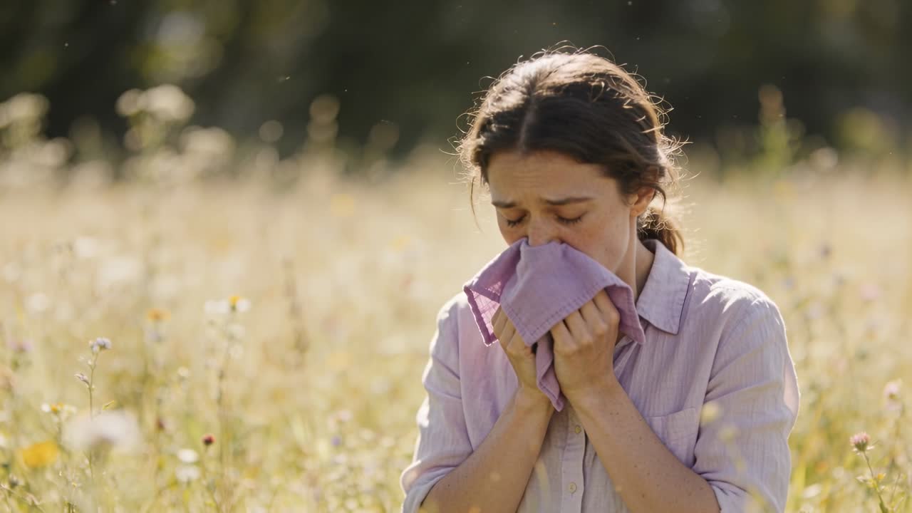 Polline che aleggia, donna in camicia chiara che preme un panno viola sul viso in un prato fiorito per proteggersi