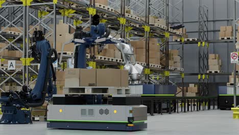 animation of robots and drones working in warehouse