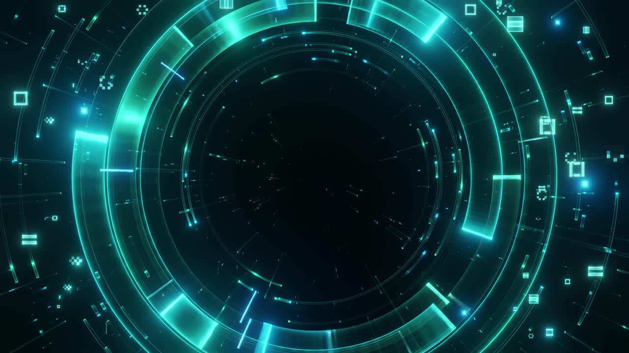 Tunnel digitale ciano astratto e futuristico con anelli concentrici luminosi ed effetti di luce al neon. Grafica in movimento di sfondo fantascientifico ad alta tecnologia. Ideale per progetti di visualizzazione dati e innovazione tecnologica