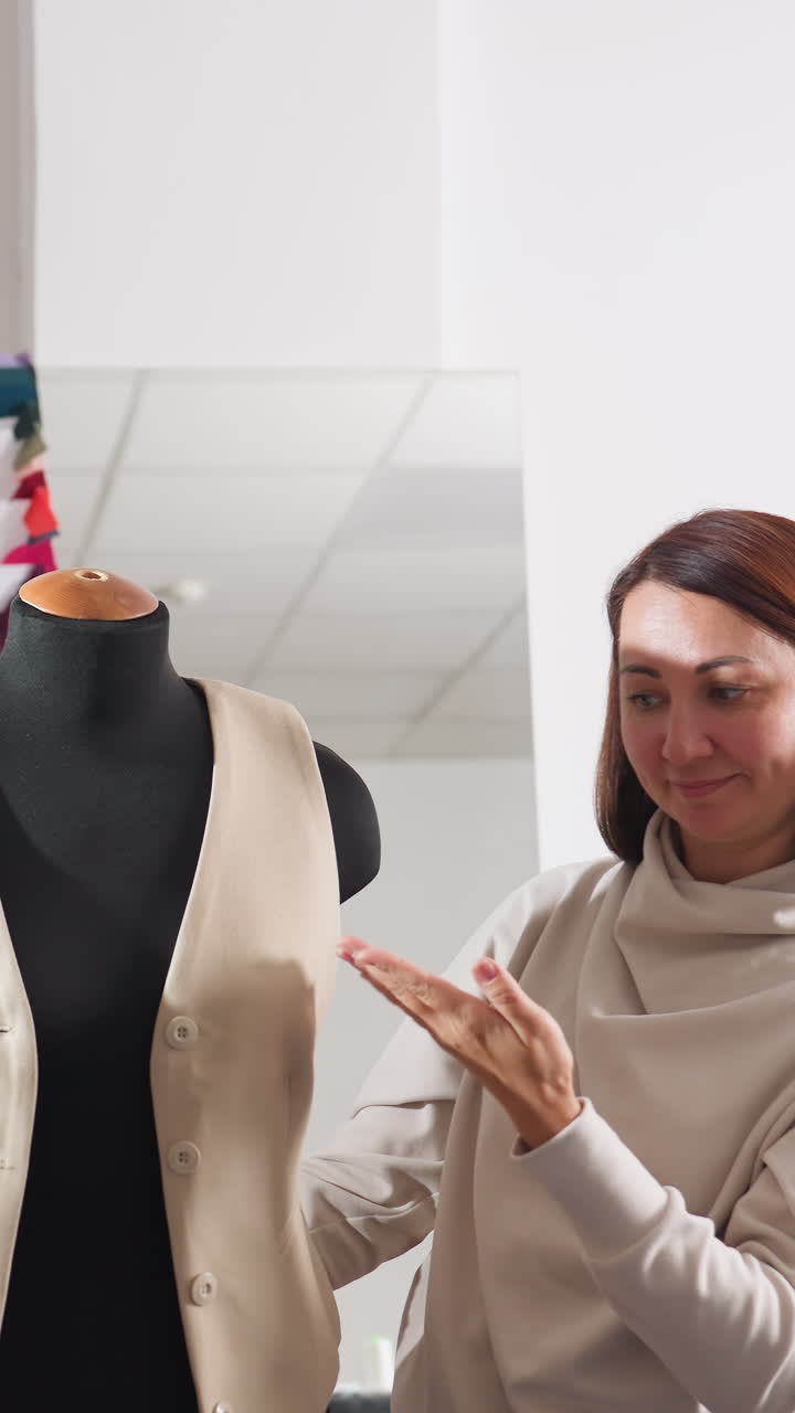 Female designer carefully tailoring vest, Woman measuring silhouette before attaching buttons on vest, Woman adjusts her vest and meticulously measures before sewing buttons properly