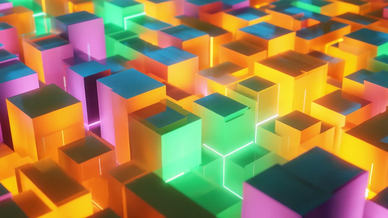 A vibrant, abstract representation of illuminated cubes in a dynamic arrangement, showcasing a mesmerizing blend of colors and light in a visually stunning digital landscape