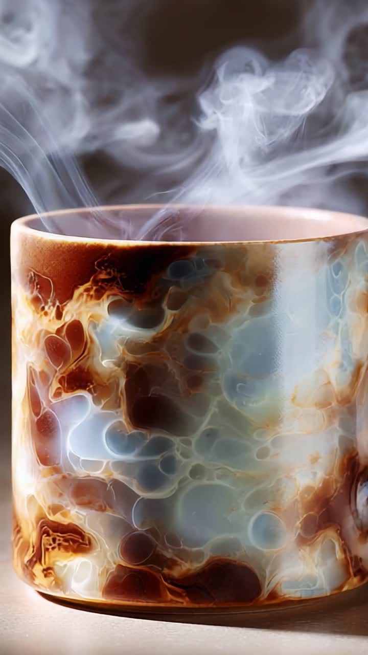 A Captivating Close-Up of a Steaming Mug Displaying Unique Marbled Patterns, Enveloped in Wisps of Aromatic Vapor, Inviting the Viewer to Experience the Warmth and Comfort of a Favorite Beverage