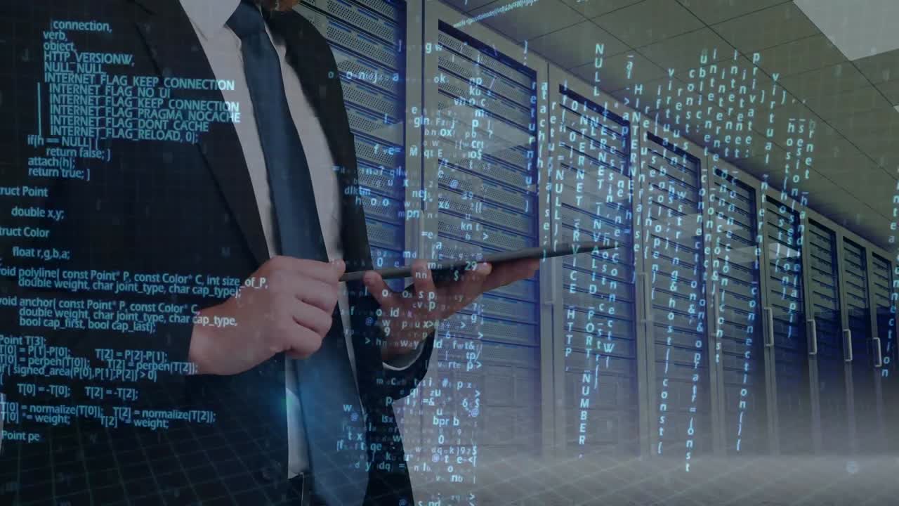 Animation af forretningsmand der bruger tablet med computerservere og databehandling