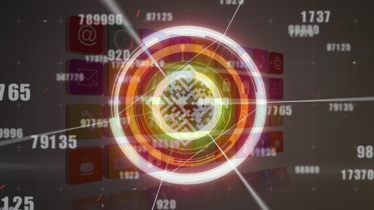 animación de números, código qr e iconos en fondo gris