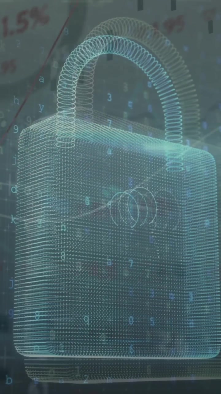 Animation of security padlock icon against statistical and stock market data processing
