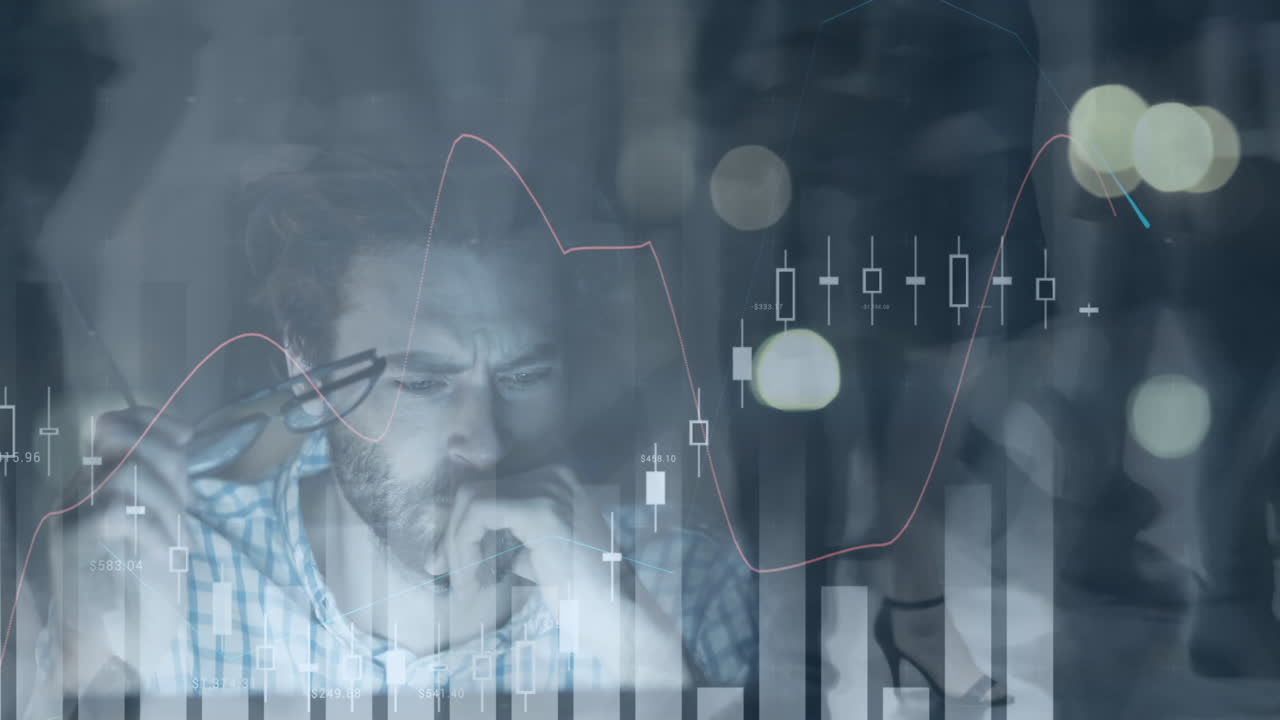 Animation of financial data processing over business people walking in modern office