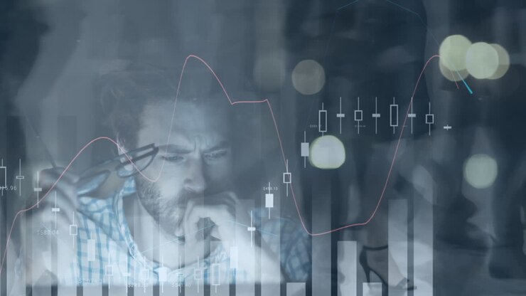 Animation of financial data processing over business people walking in modern office