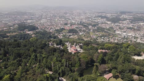 aerial wide view over shrine bom jesus do monte, sprawling braga city background