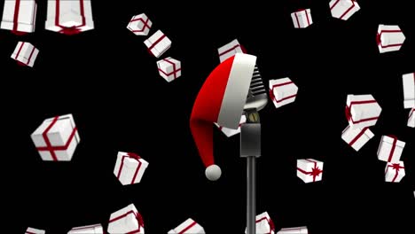 Animation-of-santa-hat-on-vintage-microphone-with-christmas-presents-falling-on-black-background