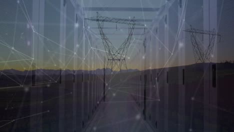 animation of globe rotating over connections and electricity poles at sunset