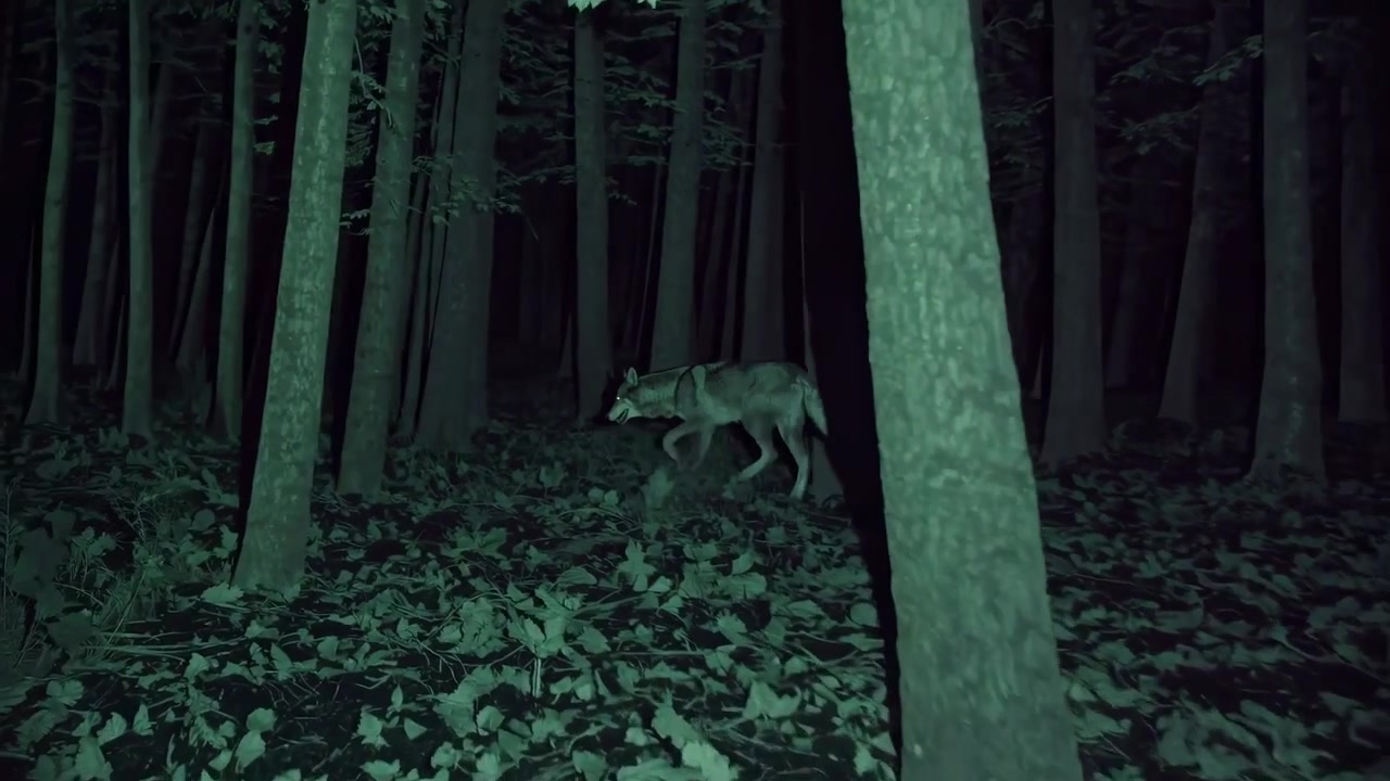 Grå ulv, der går gennem mørk skov om natten