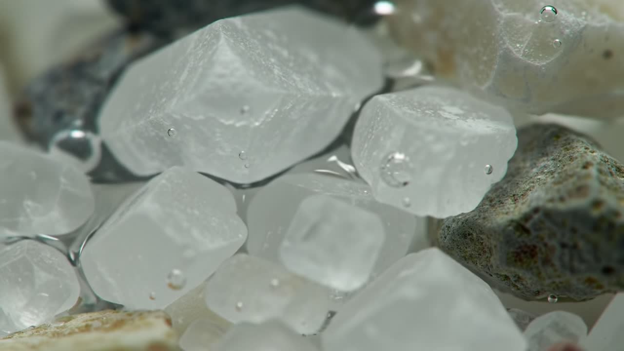 An Intricate Close-Up of Transparent Crystals and Stones Glimmering in Water, Showcasing the Beauty of Nature's Textures and Shapes in a Captivating Visual Contrast