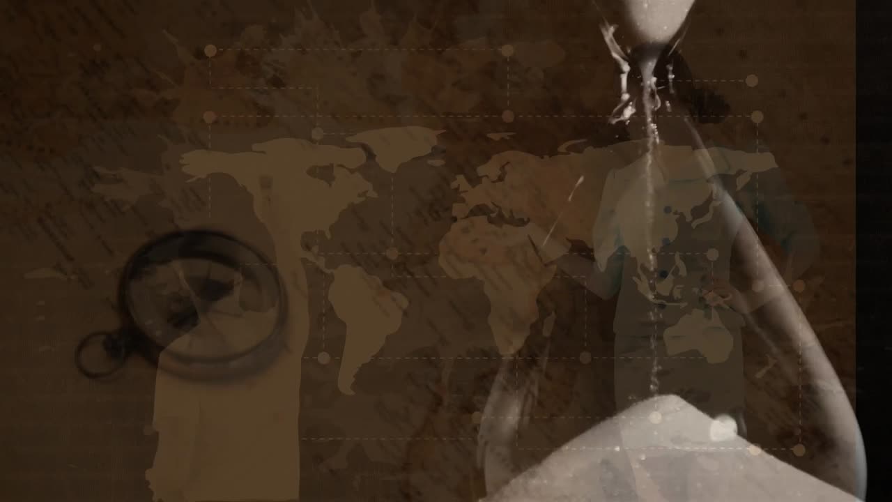 백인 여성 승무원 과 세계 지도 와 함께 나침반 위 에 있는 모래시계 의 애니메이션