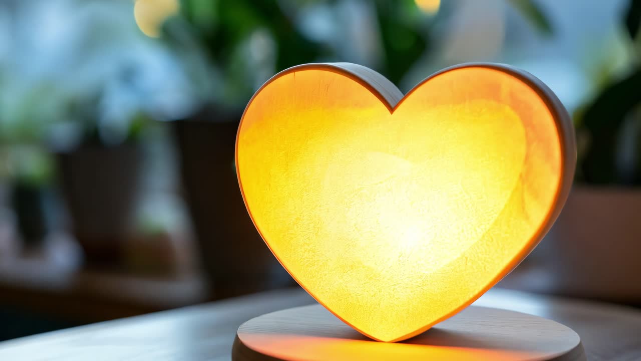 Wooden heart shaped lamp radiating warm, soft glow, casting gentle illumination across blurred indoor plants, creating intimate evening ambiance within minimalist home interior design