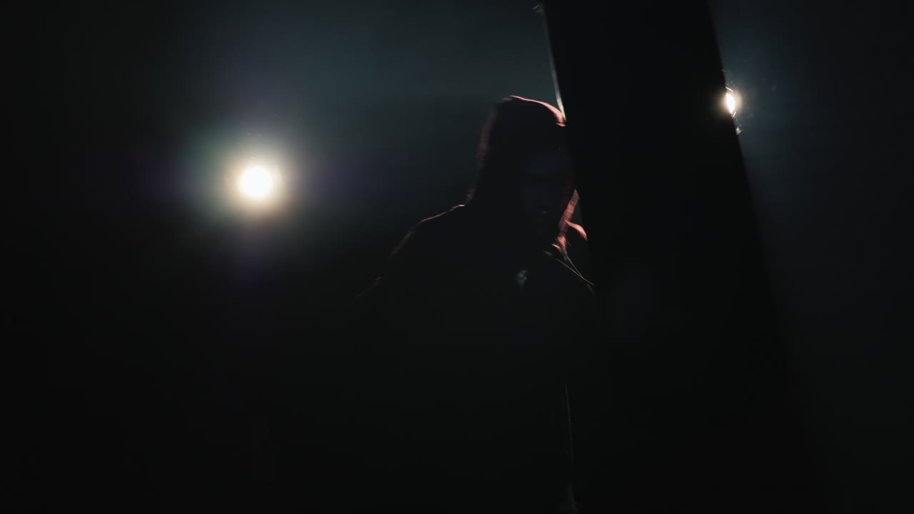 Silhouette di un combattente Trinity in palestra - colpisce un sacco da boxe.